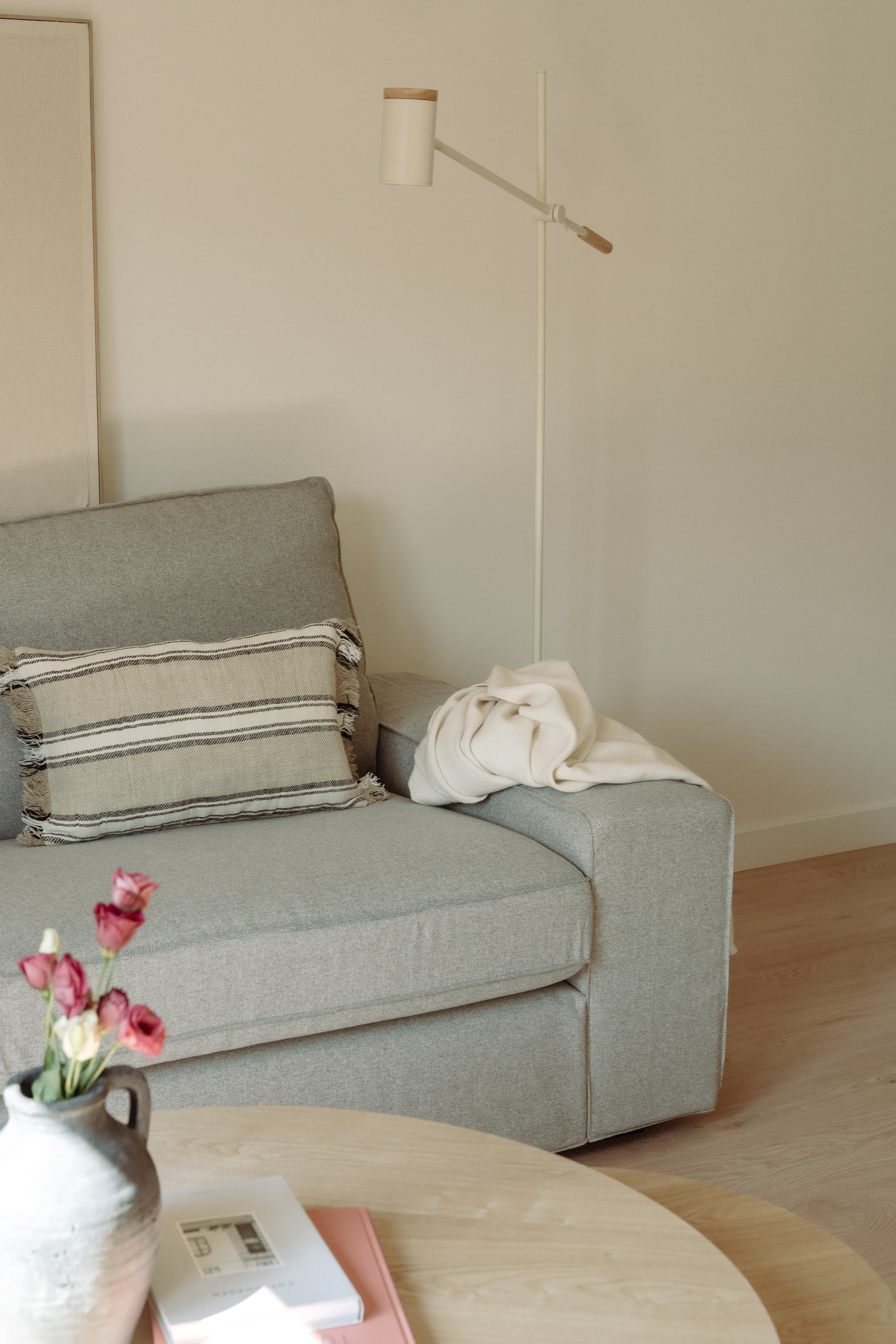 Detalle del sofá con cojines decorativos y lampara